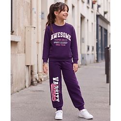 Pine Kids Looper Knit Full Sleeves Text Printed Winter Wear Suit - Purple