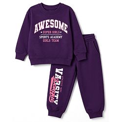 Pine Kids Looper Knit Full Sleeves Text Printed Winter Wear Suit - Purple