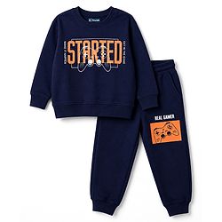 Pine Kids Looper Knit Full Sleeves Text Printed Winter Wear Suit - Navy Blue