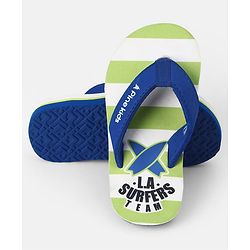Pine Kids Slip On Striped Flip Flops With Text Print - Green