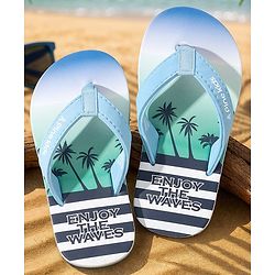 Pine Kids Slip On Striped Flip Flops With Text & Tropical Print - Blue