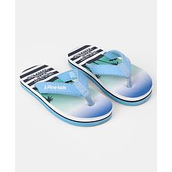 Pine Kids Slip On Striped Flip Flops With Text & Tropical Print - Blue