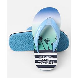 Pine Kids Slip On Striped Flip Flops With Text & Tropical Print - Blue