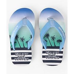 Pine Kids Slip On Striped Flip Flops With Text & Tropical Print - Blue