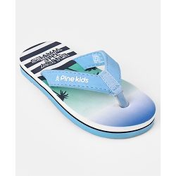 Pine Kids Slip On Striped Flip Flops With Text & Tropical Print - Blue