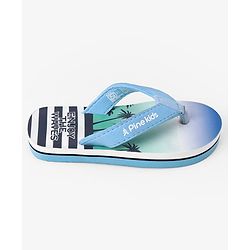 Pine Kids Slip On Striped Flip Flops With Text & Tropical Print - Blue