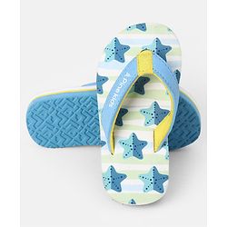 Pine Kids Slip On Striped Flip Flops With Text & Star Print - Blue