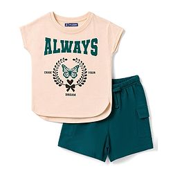 Pine Kids Cotton Knit Half Sleeves Text Printed Top & Shorts Set - Peach & Green