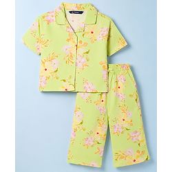 Pine Kids Cotton Woven Half Sleeves Floral Printed Top & Pant Set - Lemon Yellow