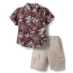 Pine Kids Cotton Knit Half Sleeves Shirt & Bottom Set with Floral Print - Brown