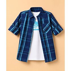 Pine Kids Cotton Woven Checks Twofer Shirt with Half Sleeves -  Blue