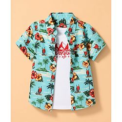 Pine Kids Cotton Woven Half Sleeves Twofer Shirt with Floral & Beach Theme Print - Turquoise