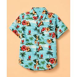Pine Kids Cotton Woven Half Sleeves Twofer Shirt with Floral & Beach Theme Print - Turquoise