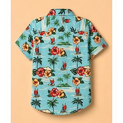 Pine Kids Cotton Woven Half Sleeves Twofer Shirt with Floral & Beach Theme Print - Turquoise