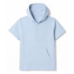 Pine Kids Cotton Woven Half Sleeves Solid Colour Hooded Shirt with Kangaroo Pockets - Light Blue