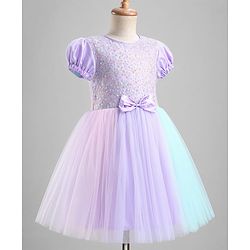 Pine Kids Cotton Woven Half Sleeves Floral Embroidered Party Dress With Bow Applique - Lilac