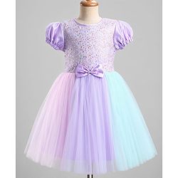 Pine Kids Cotton Woven Half Sleeves Floral Embroidered Party Dress With Bow Applique - Lilac