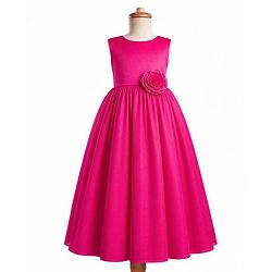 Pine Kids Cotton Woven Sleeveless Solid Party Dress With Floral Applique - Dark Pink
