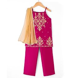 Pine Kids Woven Sleeveless Embellished Kurta & Churidar Se With Dupatta - Violet