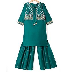 Pine Kids Viscose Woven Three Fourth Sleeves Kurta, Sharara & Dupatta Set With Floral Embroidery - Green