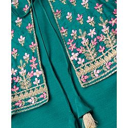 Pine Kids Viscose Woven Three Fourth Sleeves Kurta, Sharara & Dupatta Set With Floral Embroidery - Green
