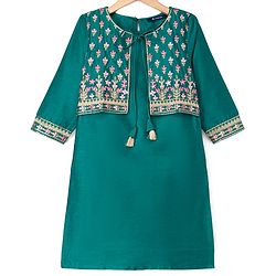 Pine Kids Viscose Woven Three Fourth Sleeves Kurta, Sharara & Dupatta Set With Floral Embroidery - Green
