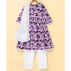 Pine Kids Cotton Woven Three-Fourth Floral Printed Kurti & Churidar Set With Dupatta - Purple