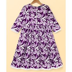 Pine Kids Cotton Woven Three-Fourth Floral Printed Kurti & Churidar Set With Dupatta - Purple