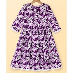 Pine Kids Cotton Woven Three-Fourth Floral Printed Kurti & Churidar Set With Dupatta - Purple