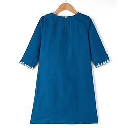 Pine Kids Woven Three Fourth Sleeves Kurti Churidar & Dupatta Set with Floral Embroidery & Sequin Detailing - Teal Blue