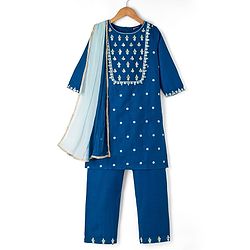 Pine Kids Woven Three Fourth Sleeves Kurti Churidar & Dupatta Set with Floral Embroidery & Sequin Detailing - Teal Blue
