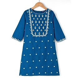 Pine Kids Woven Three Fourth Sleeves Kurti Churidar & Dupatta Set with Floral Embroidery & Sequin Detailing - Teal Blue