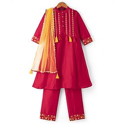 Pine Kids Woven 3/4th Sleeves Kurti and Churidar Set with Dupatta and Floral Embroidery in Red for 4-5 Years