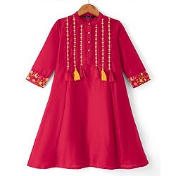 Pine Kids Woven 3/4th Sleeves Kurti and Churidar Set with Dupatta and Floral Embroidery in Red for 4-5 Years