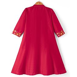 Pine Kids Woven 3/4th Sleeves Kurti and Churidar Set with Dupatta and Floral Embroidery in Red for 4-5 Years