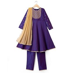 Pine Kids Woven Three Fourth Sleeves Embroidered Yoke Kurti Churidar Set with Dupatta - Violet