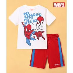 Pine Kids Marvel Single Jersey Knit Half Sleeves T-Shirt & Shorts Night Suit with Spider-man Print - White