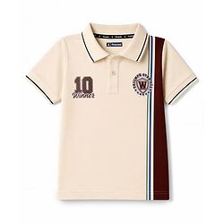 Pine Kids Cotton Knit Half Sleeves Polo T-Shirt With 10 Winner Print & Patch - Beige