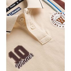 Pine Kids Cotton Knit Half Sleeves Polo T-Shirt With 10 Winner Print & Patch - Beige