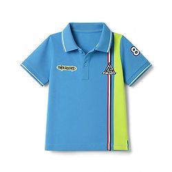 Pine Kids Cotton knit  Polo T-Shirt with Half Sleeves and Skateboard Patch  - Blue