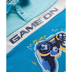 Pine Kids Cotton Knit Half Sleeves Polo T-Shirt With Game On Print - Light Blue