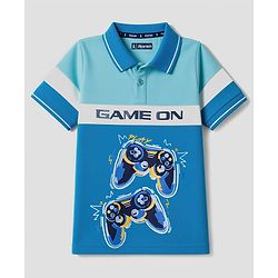 Pine Kids Cotton Knit Half Sleeves Polo T-Shirt With Game On Print - Light Blue