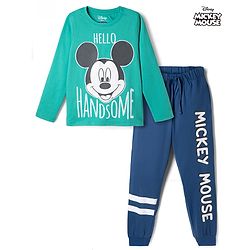 Pine Kids Disney Single Jersey Knit Full Sleeves T-Shirt & Pyjama Night Suit with Mickey Mouse Graphic - Mint