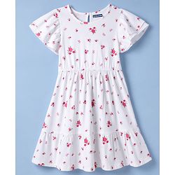 Pine Kids Cotton Knit Half Sleeves One Piece Dress With Floral Print - White
