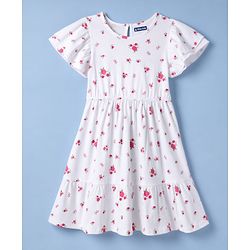 Pine Kids Cotton Knit Half Sleeves Frock with Floral Print - White