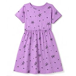 Pine Kids Cotton Knit Half Sleeves One Piece Dress with Floral Print - Purple