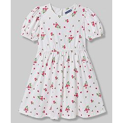 Pine Kids 100% Cotton Knit Half Sleeves Floral Printed Frock - White