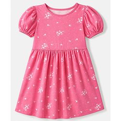Pine Kids Cotton Knit Dress with Half Sleeves and Floral Print - Pink