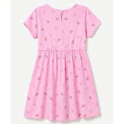 Pine Kids Cotton Knit Half Sleeves One Piece Dress with Floral Print - Pink