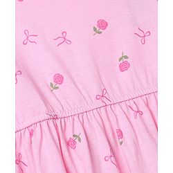 Pine Kids Cotton Knit Half Sleeves One Piece Dress with Floral Print - Pink